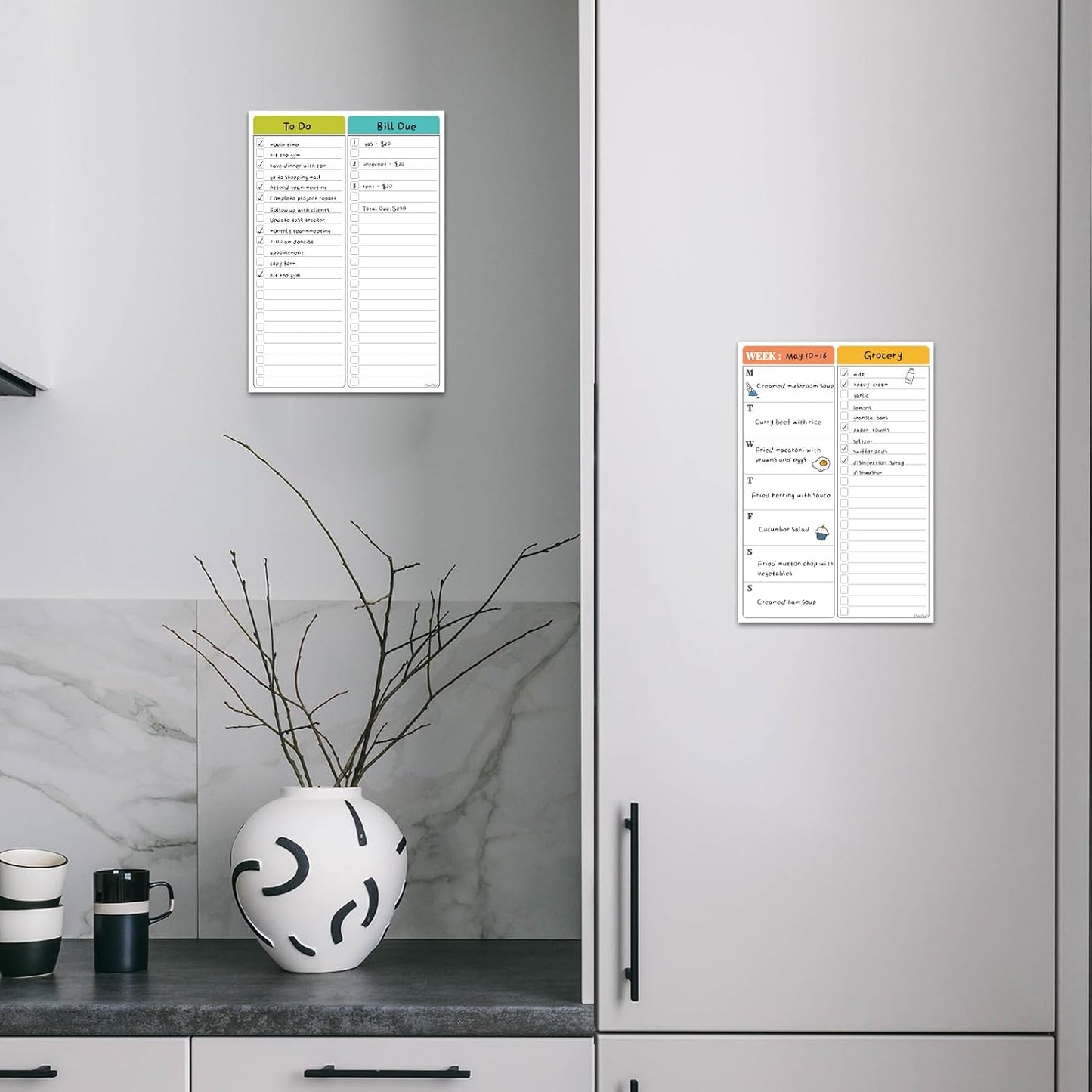 Non-Magnetic Dry Erase List for Fridge - Reusable 8"x11.5" List and Weekly Planning Board Stick to Most Smooth Surfaces - 3 Dry Erase Markers Included