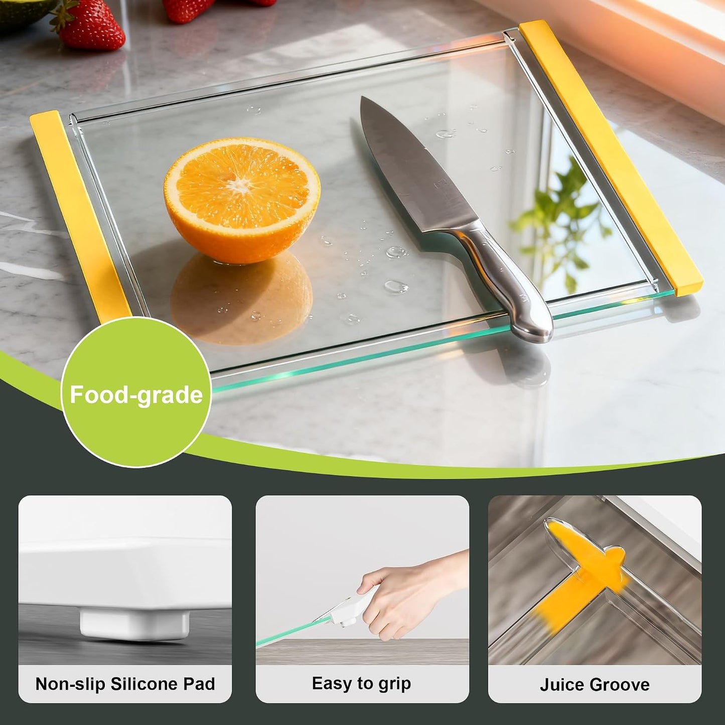 Tempered Glass Cutting Board Set for Kitchen Counter - Dishwasher Safe with Juice Grooves, Non-Slip Silicone Edges & Beveled Grip - 16"x12" & 12"x8" Serving Tray (Blue)