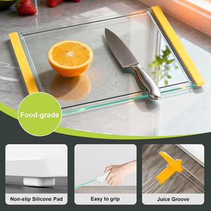 Tempered Glass Cutting Board Set for Kitchen Counter - Dishwasher Safe with Juice Grooves, Non-Slip Silicone Edges & Beveled Grip - 16"x12" & 12"x8" Serving Tray (Blue)