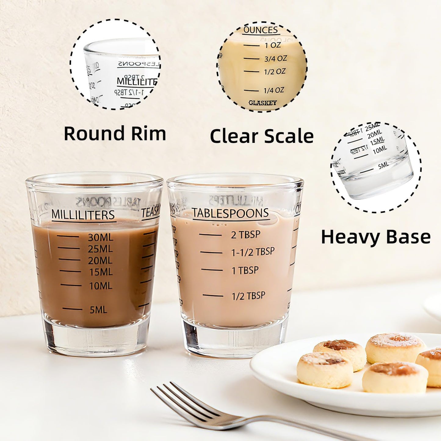 GLASKEY Shot Glasses Measuring Cup Set - 2 Pack Espresso Shot Glasses with Precise Measurement Marks,Heavy Duty Glass,Dishwasher Safe,Perfect for Coffee,Cocktails and Kitchen Use (Black & Red)