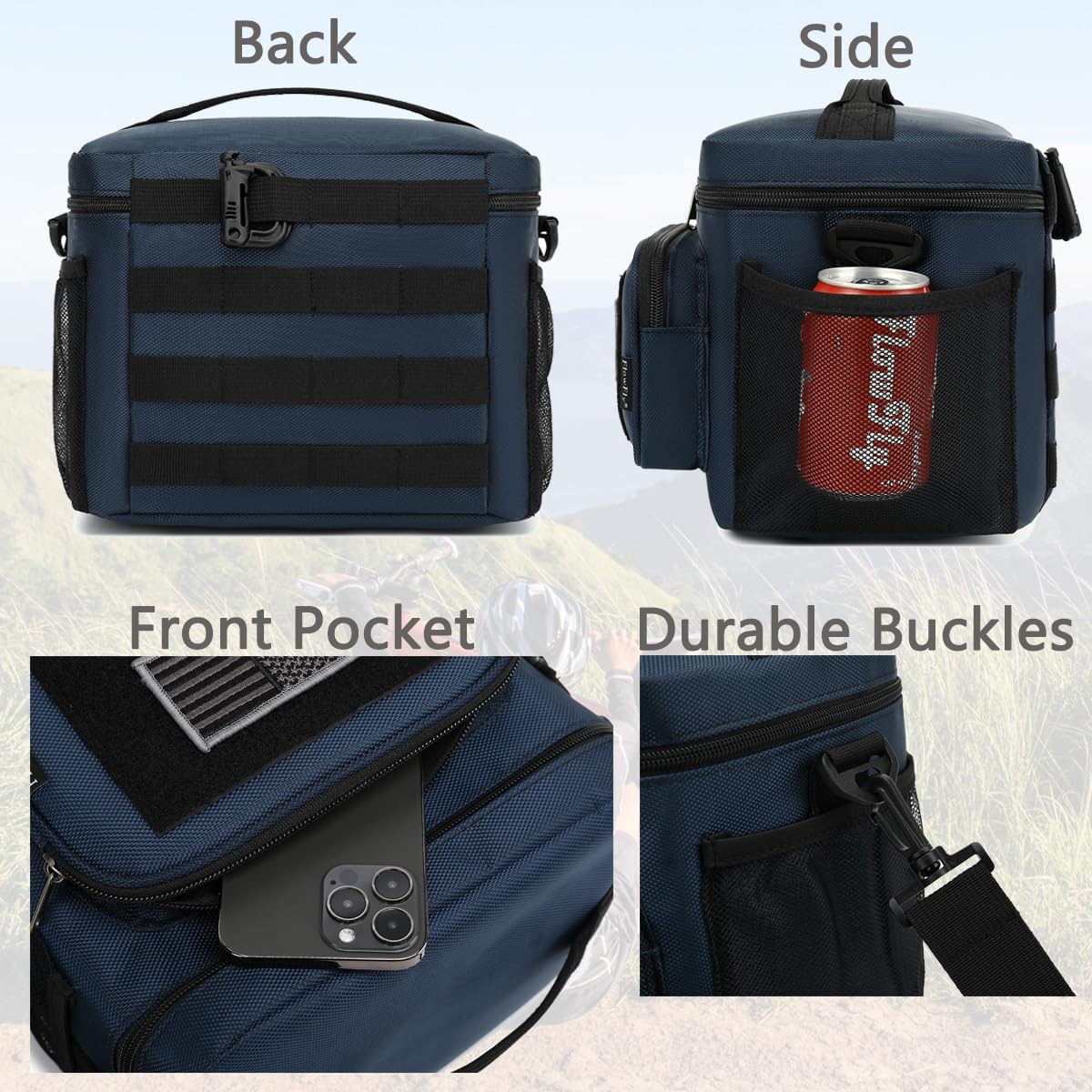 FlowFly Lunch Bag, Insulated Cooler, Thermal Lunch Box Tote with MOLLE/PALS Webbing, Adjustable Padded Shoulder Strap, for Tactical Men Women Adults and Boys Girls Kids (Cyan, Medium)