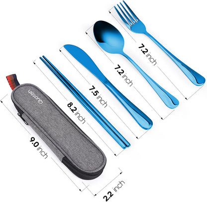 Travel Utensils with Case, Quatish Portable Silverware Set for Work, Stainless Steel Reusable Travel Cutlery Set, Fork and Spoon Set for Camping, EDC Gadgets, Lunch Box for Men, Purple