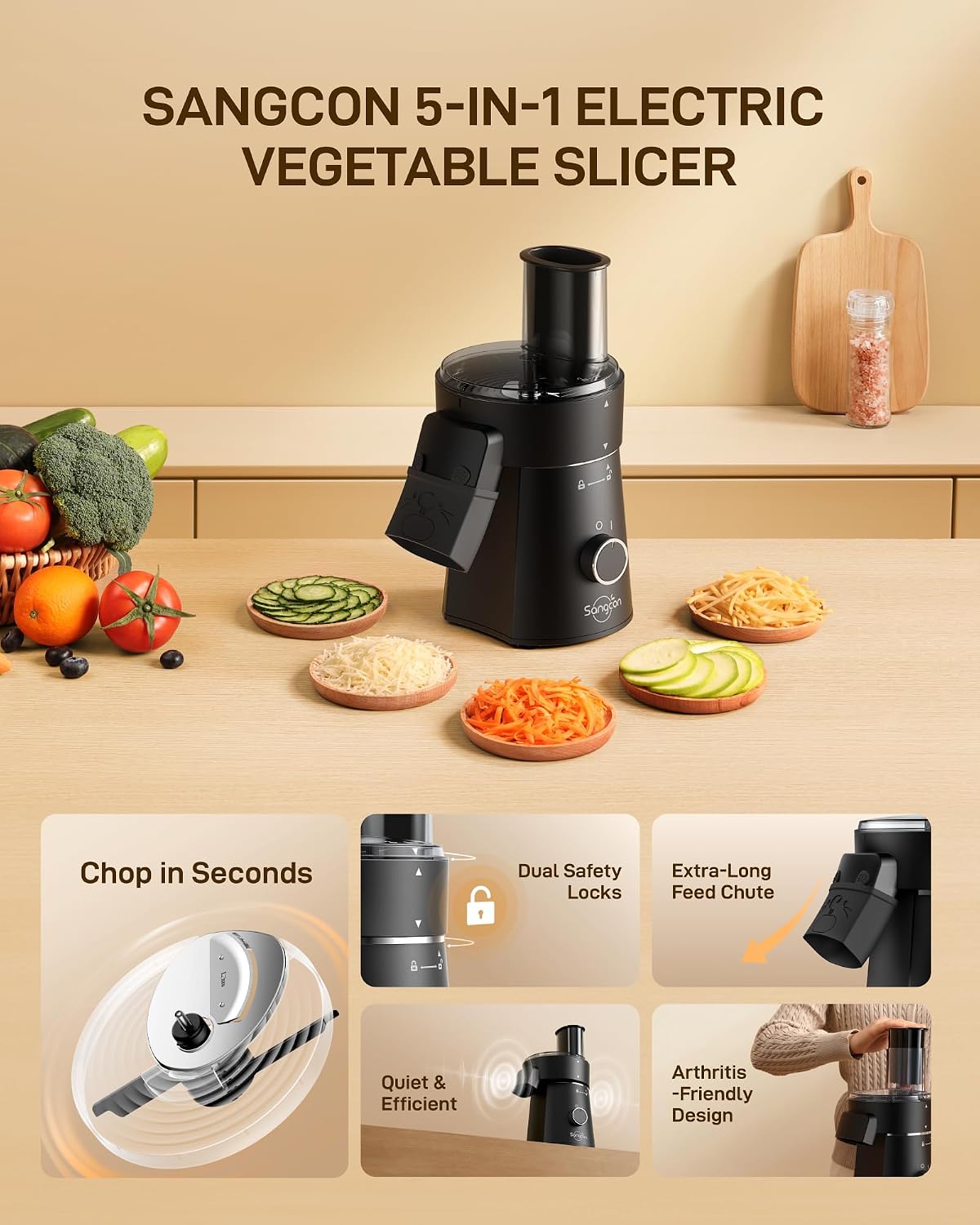 Sangcon Electric Cheese Grater for Block Cheese, 5-in-1 Slicer & Shredder