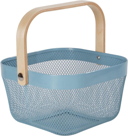 AJIODA Metal Mesh Wire Basket, Large Steel Basket with Wooden Handle Storage Organizer Basket Multi-functional Hanging Kitchen Baskets Fruit Baskets for Kitchen Bathroom Cabinet Pantry Snacks, Black