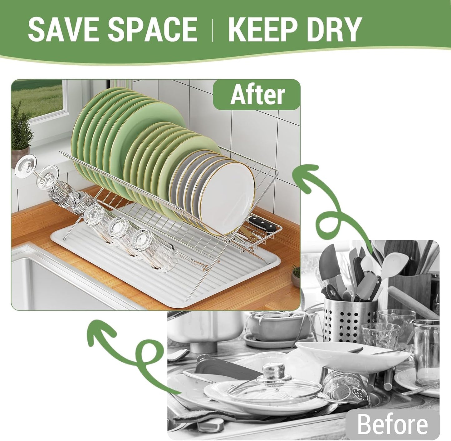 Expandable Over The Sink Dish Drainer Drying Rack, Stainless Steel Metal, Small Adjustable Dish Drainer Drying Rack for Kitchen Counter, Space Saving for Compact Kitchen