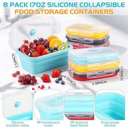 Mifoci Set of 8 Silicone Collapsible Bowls for Camping with Vent Lid Silicone Storage Containers for Food Meal Preparation Square Bowl Microwave Freezer Dishwasher Safe(Blue,17 Oz/ 500 ml)