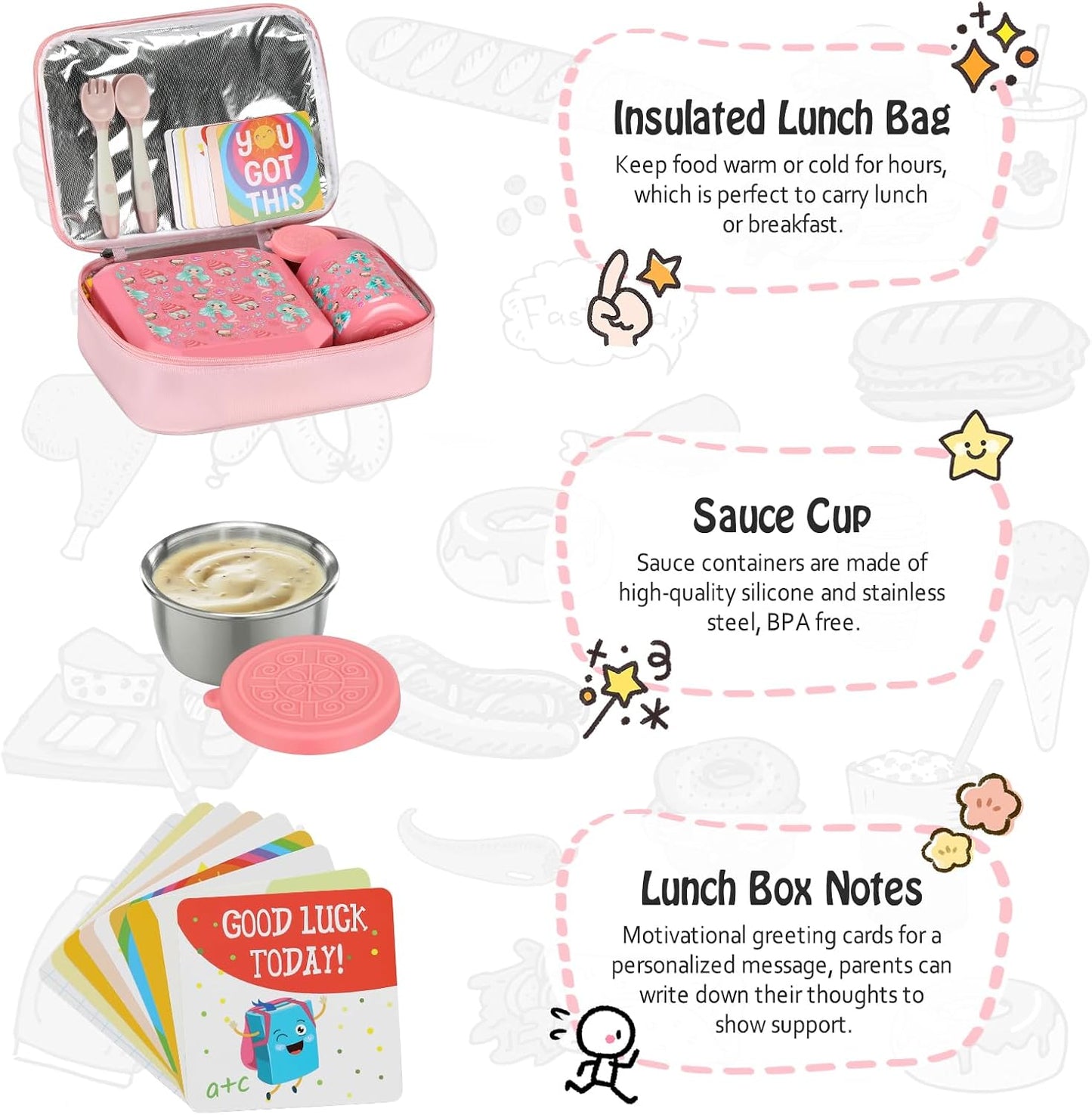Itslife Bento Lunch Box Set for Kids with 12oz Soup Thermo&Lunch Bag, Leak-Proof Lunch Food Containers for Kids School, 5 Compartment, Sauce Cup, 10 Notes (Dinosaurs Black)
