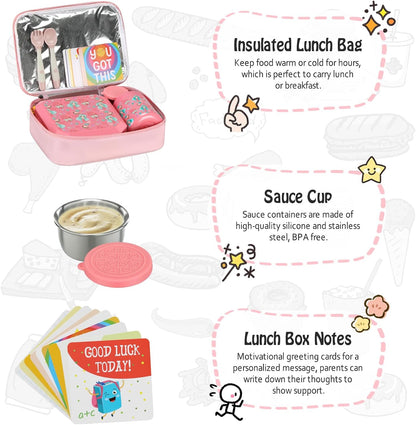 Itslife Bento Lunch Box Set for Kids with 12oz Soup Thermo&Lunch Bag, Leak-Proof Lunch Food Containers for Kids School, 5 Compartment, Sauce Cup, 10 Notes (Dinosaurs Black)