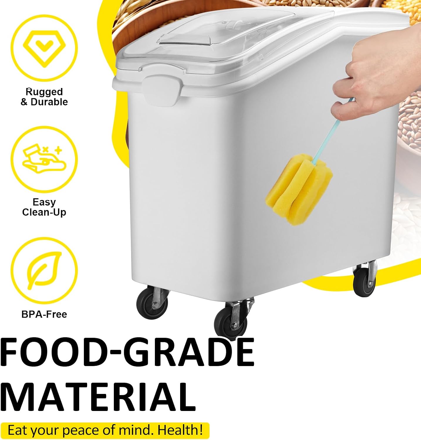 26.93 Gallon Commercial Flour Bin with Locking Wheels,Mobile Ingredient Storage Container,Holds 227lb Sugar /149lb Flour,Kitchen & Pantry Organizer