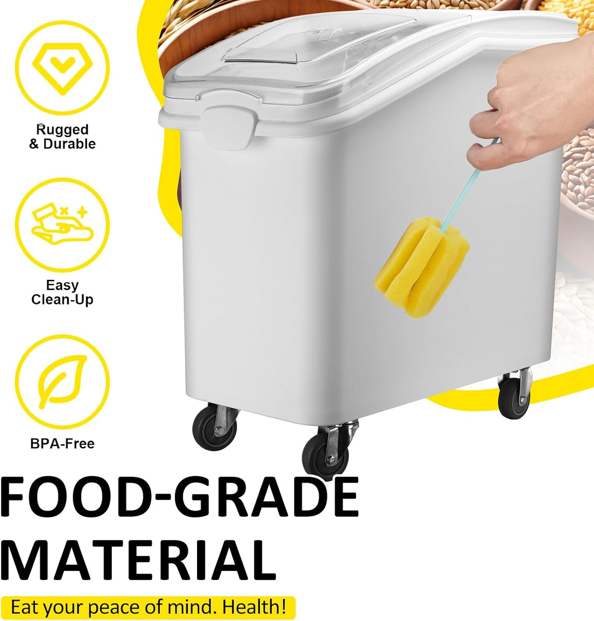 26.93 Gallon Commercial Flour Bin with Locking Wheels,Mobile Ingredient Storage Container,Holds 227lb Sugar /149lb Flour,Kitchen & Pantry Organizer