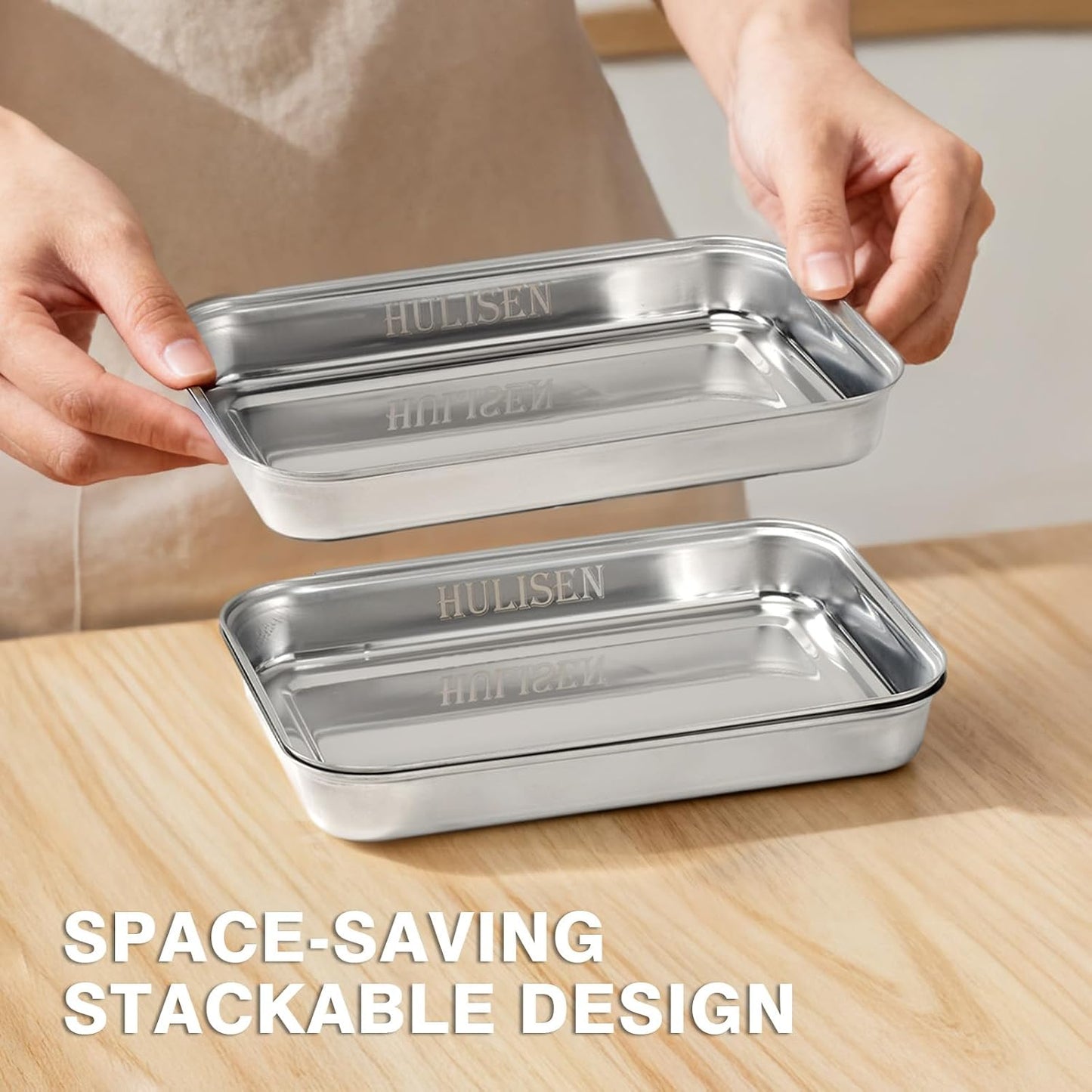 HULISEN Set of 3 Breading Pans, Stainless Steel Breading Set for Marinating Meat, Chicken, Fish, Food Prep Trays, Coating Trays Can Be Used to Baking Cake, Oven Safe