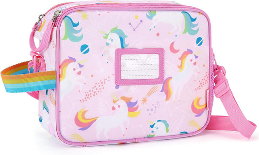 TOURIT Kids Lunch Box Insulated Lunch Bag for Girl Toddler with Water Bottle Holder, ID Tags, Water-Resistant Durable Rainbow Tote Bag Adjustable Strap Double Zipper for School, Pink Unicorn