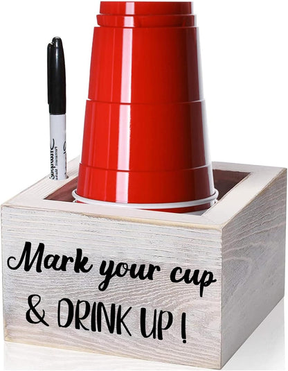 Wooden Cup Holder with Marker Slot, Disposable Plastic Party Cup Organizer for Holiday Gatherings - Hosting Essential to Mark Your Cup & Drink Up, Prevent Mix-Ups, Reduce Waste