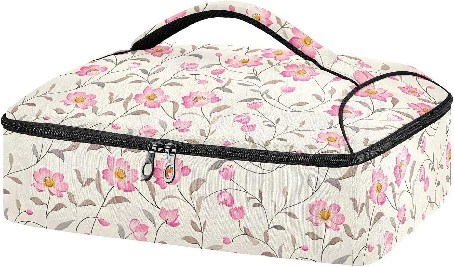 Casserole Carrier Insulated Floral Pink Flower Dish 9x13 with Lid Party Travel Warmer Bag for Hot or Cold Food Lasagna Pizza Holder Tote