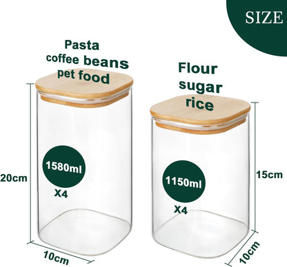 LIBWYS 12-Pack Square Glass Storage Jars with Bamboo Lids (0.6Qt/1.06Qt) - Stackable Food Containers for Pantry Organization, Coffee, Flour, Snacks, Tea | Kitchen Canisters Set