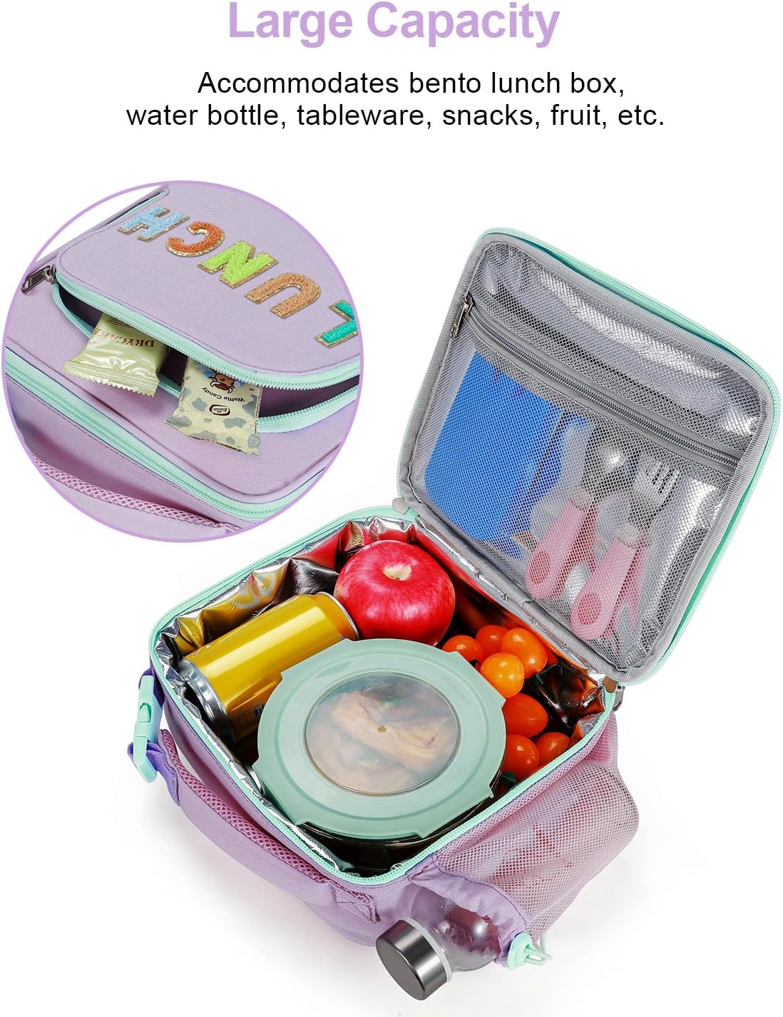 Amersun Kids Insulated Lunch Box- Water-Resistant, Reusable Cute Lunch Tote Bag with Water Bottle Holder & Multi-Pocket-Ideal for Ages 3+ Girls, Boy, School,Travel(Purple)