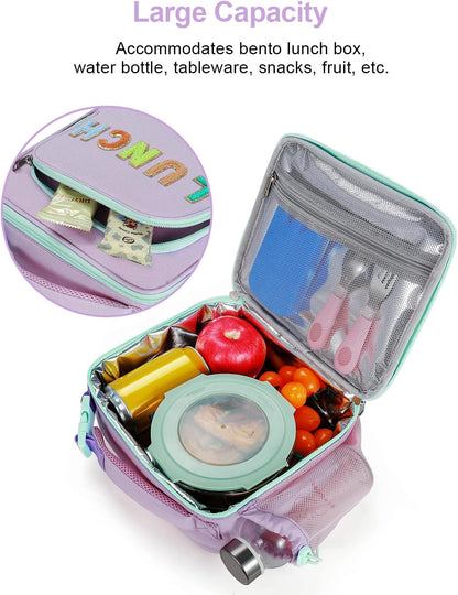 Amersun Kids Insulated Lunch Box- Water-Resistant, Reusable Cute Lunch Tote Bag with Water Bottle Holder & Multi-Pocket-Ideal for Ages 3+ Girls, Boy, School,Travel(Purple)