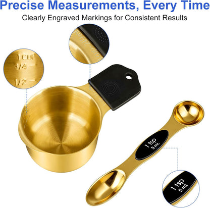 Magnetic Measuring Cups and Spoons Set, Strong N52 Magnets, Heavy Duty 304 Stainless Steel Fits in Spice Jars for Baking & Cooking, BPA Free, Round Set of 15 with Leveler Black
