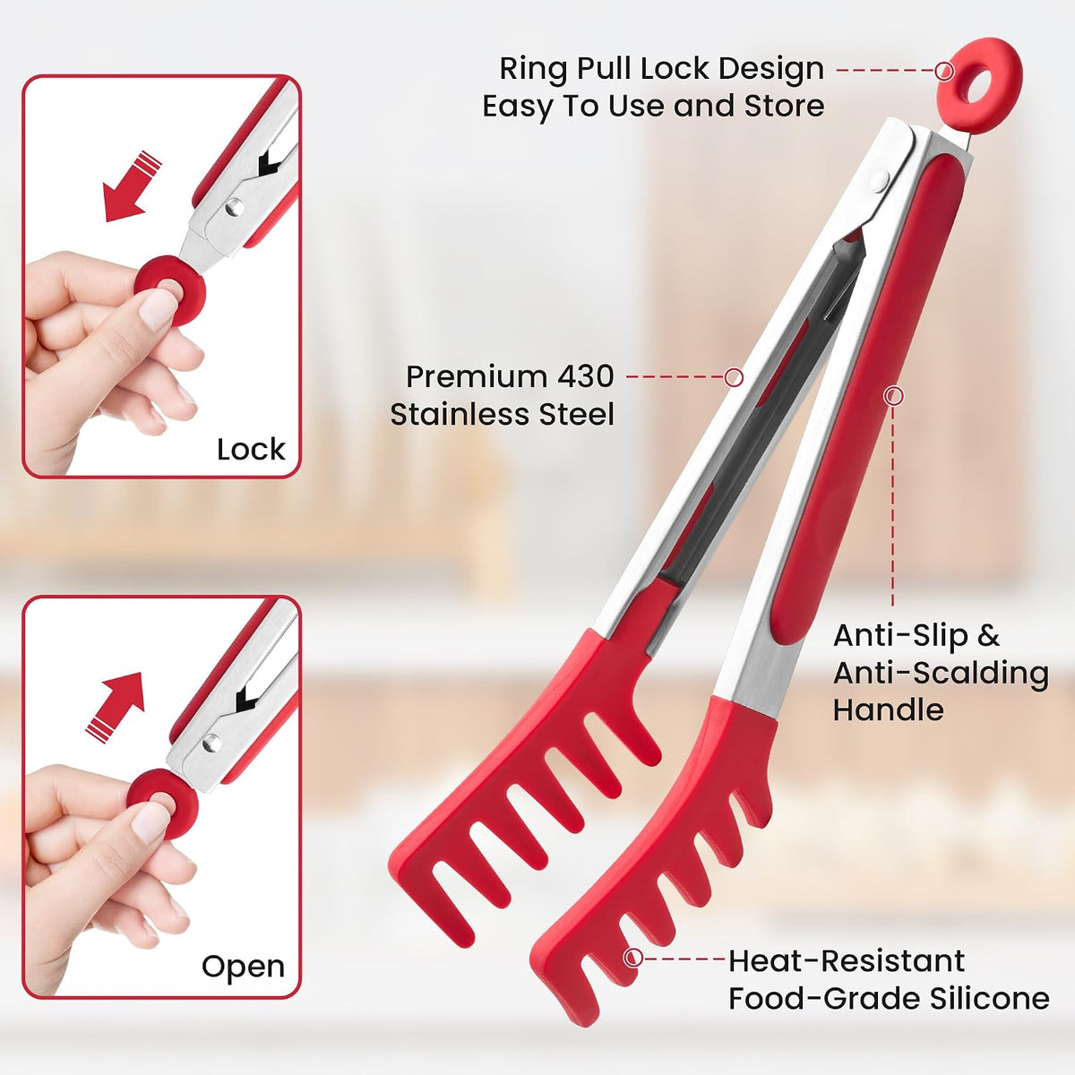 2 PCS Pasta Tong Spaghetti Tongs, 9" & 12-Inch Heat Resistant Pasta Tongs