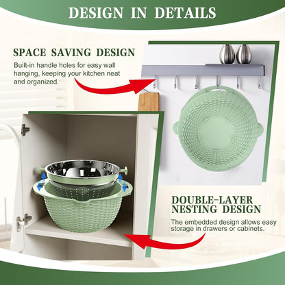 4-in-1 Colander with Bowl Set — Patented 360° Rotatable Strainer Bowl with 3 Graters, Snap-On Lid & Non-Slip Base, Funny Kitchen Present for Women, Aesthetic Pasta Fruit Vegetable Strainer (Beige)