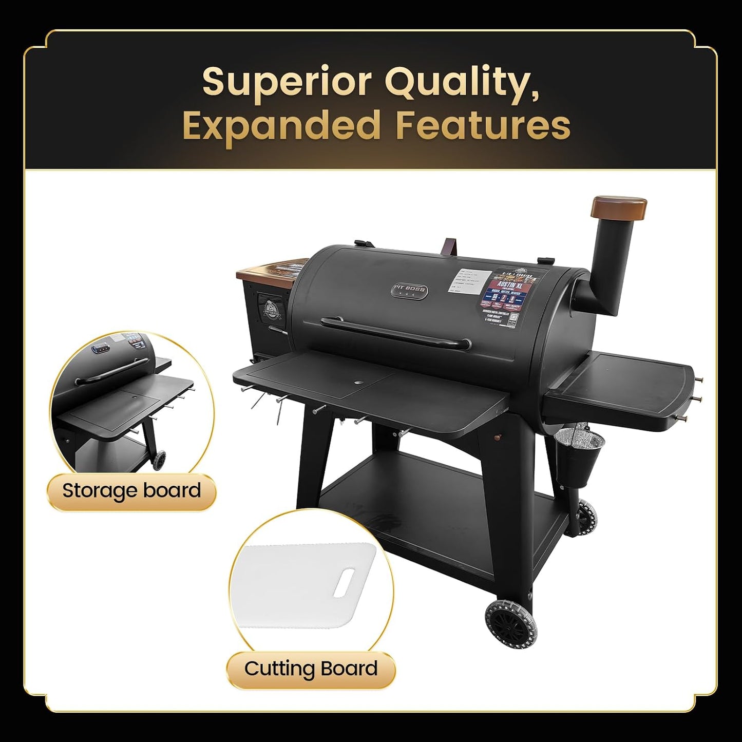 QuliMetal Folding Front Shelf for Traeger Pro 34, Texas Elite 34, Century 885 and Eastwood 34, 37" x 12" Heavy-Duty Grill Prep Table with Cutting Board, Stainless Steel Basin, Lid and 5 Hooks