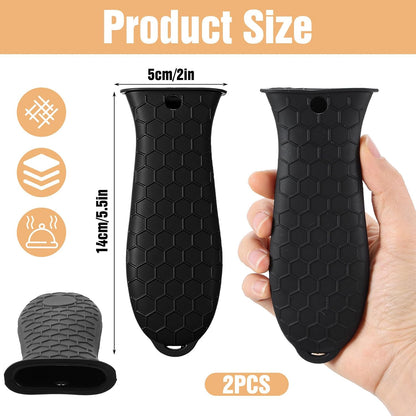 2Pcs Silicone Pot Holders Set Cast Iron Pan Handle Covers, Heat Resistant Pot Handle Sleeve Reusable Non-Slip Handles Protectors for Cast Iron Pots, Woks, Frying Pans, Griddles, Skillets, Oven(Black)