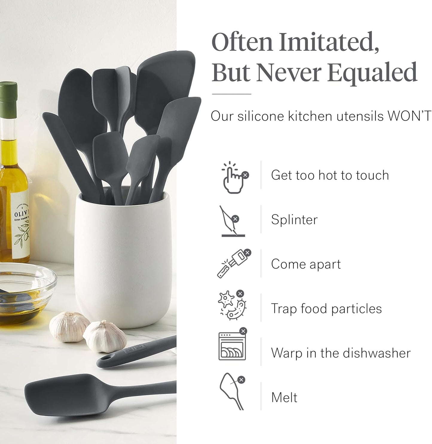 GIR 5-Piece Silicone Kitchen Utensils Set, Non-Toxic Cooking Utensils for Cooking and Baking, Heat Resistant, Food Grade, Dishwasher Safe Rubber Spatula, Ladle, Spoon - Charcoal