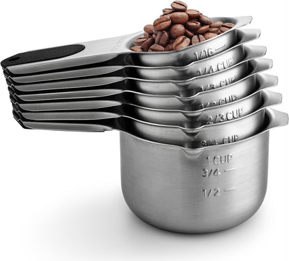 Spring Chef Stainless Steel Measuring Cups Set of 7 with Pour Spout - Nesting Kitchen Tools with Easy Read Markings to Measure Dry or Liquid Ingredients - Metal Measuring Cups for Baking & Cooking