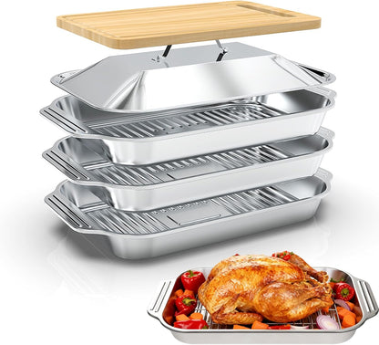 Grilling Prep and Serve Trays, 5-in-1 Grill Carry System Stainless Steel Food Prep Tray Set with Lid for BBQ, Marinating, and Serving