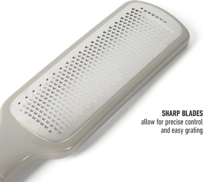 Calphalon Edge Lemon Zester, Stainless Steel Fine Citrus Grater for Lemon, Garlic & Ginger, Handheld Kitchen Zester with Protective Cover & Ergonomic Handle, Taupe