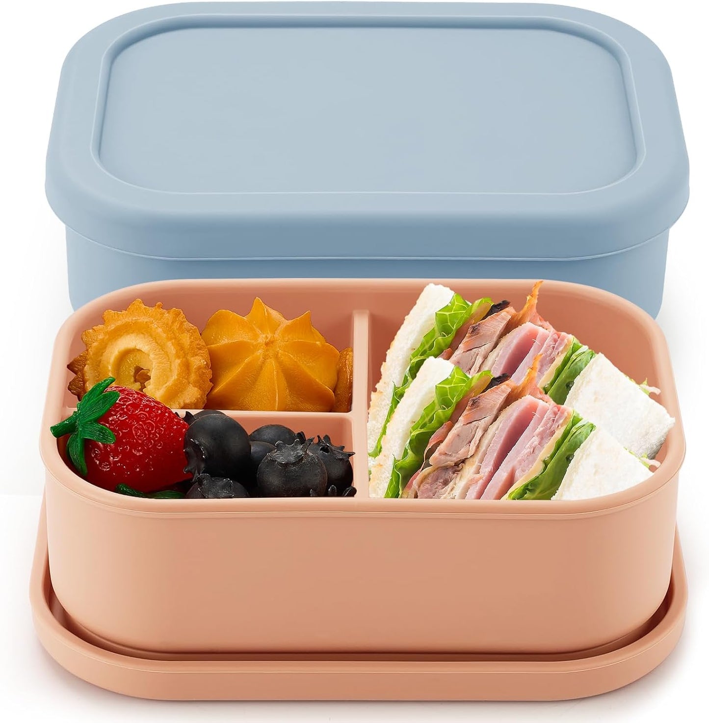 Layhit 4 Pcs Silicone Bento Box for Adults, 27 oz Bento Lunch Container Reusable 3 Compartment Lunchable Food Container for Women Men, Leak Proof Microwave Dishwasher Freezer Safe (Cool Colors)
