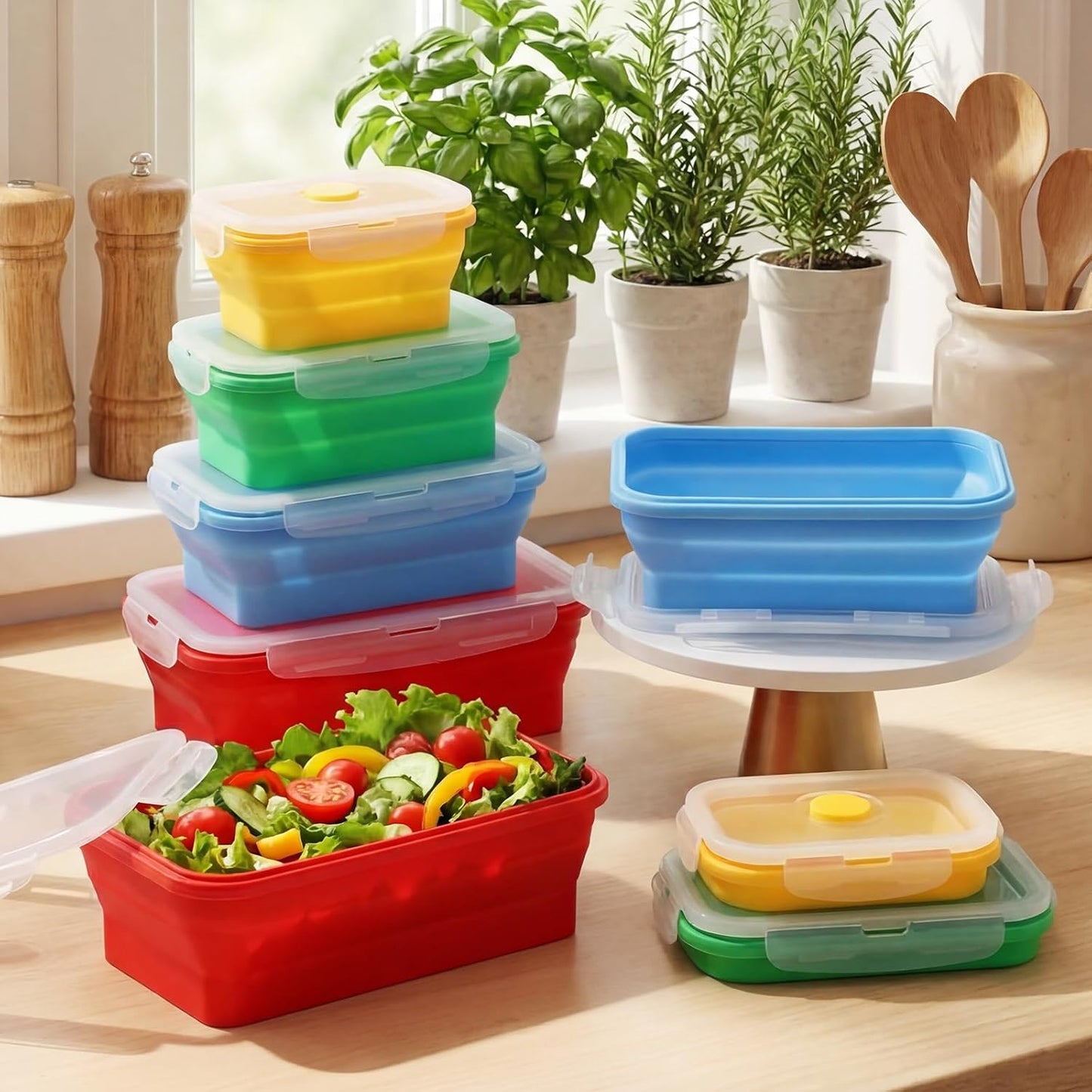 Mifoci Set of 8 Silicone Collapsible Bowls for Camping with Vent Lid Silicone Storage Containers for Food Meal Preparation Square Bowl Microwave Freezer Dishwasher Safe(Blue,17 Oz/ 500 ml)
