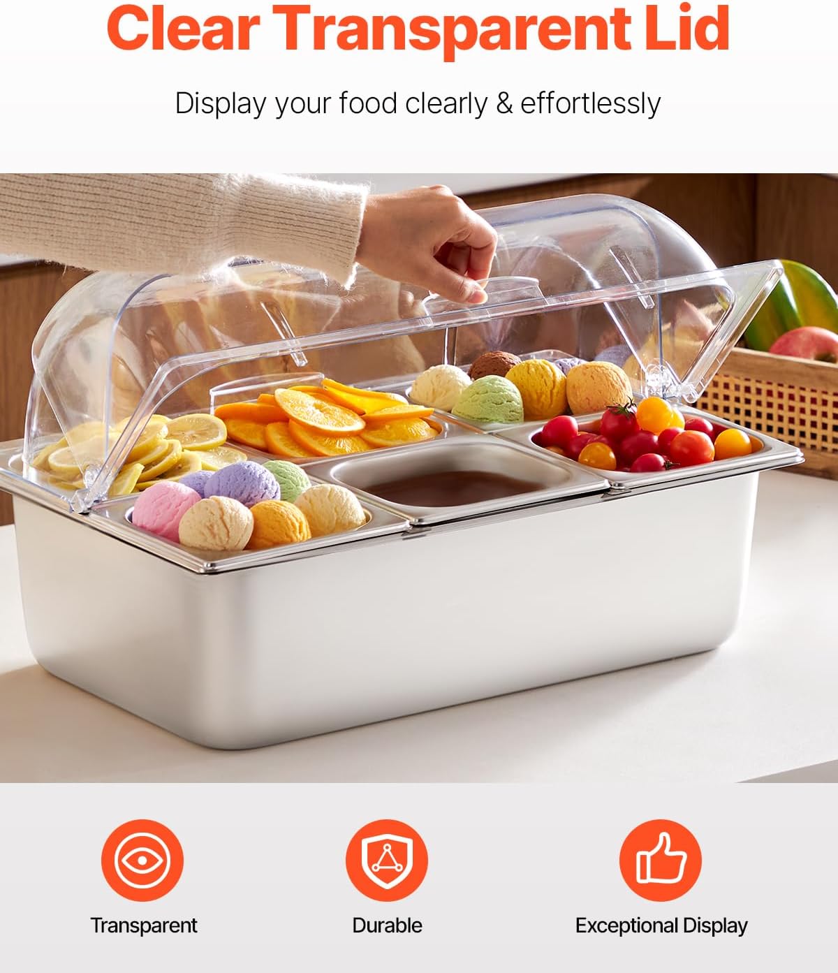 VEVOR Chilled Condiment Server Caddy, 5 Compartment Ice Cooled Serving Container, Plastic Fruit Garnish Tray Platter with Lid, for Taco Salad Bar Accessories, Party Home Restaurant Supplies