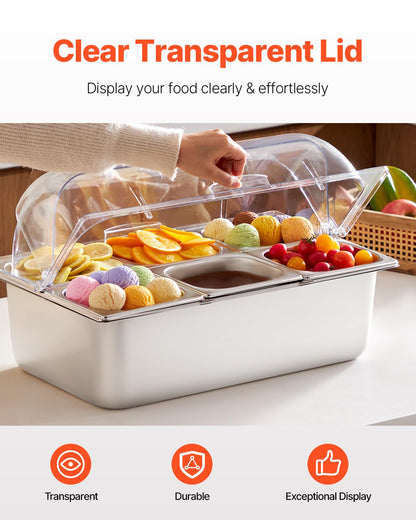 VEVOR Chilled Condiment Server, 4 Compartment Ice Cooled Condiment Serving Container, Chilled Garnish Tray Bar Caddy with Lid, for Bartending & Serving Taco, Salad, Fruit, Home & Restaurant Supplies