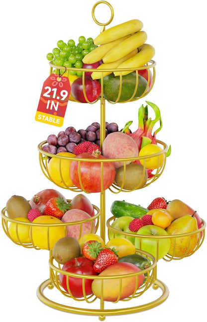 PouHenier.jh 3 Tier Rotating Fruit Basket Bowl, Kitchen Counter Wire Produce Organizer Holder, Stable Vegetable Storage Stand with 2 Banana Hangers, Countertop Tiered Veggie Rack, Easy Setup, Black