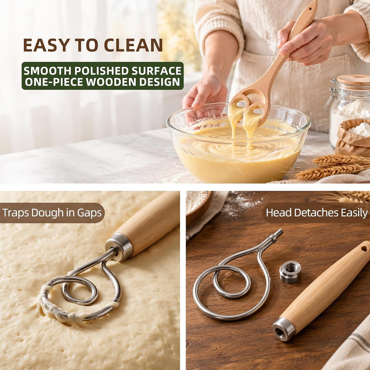 2 Pack Danish Dough Whisk, 12.6 Inch One-Piece Wood Sourdough Mixing Tool