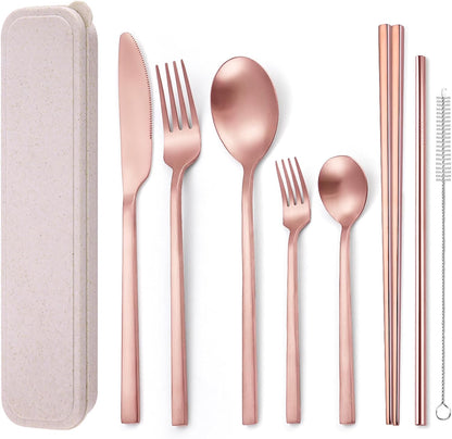 AARAINBOW 8 Pieces Stainless Steel Flatware Set Portable Reusable Cutlery Set Travel Utensils Set Including Chopsticks Knife Fork Spoon Straws Cleaning Brush Dishwasher Safe (Pink Golden)