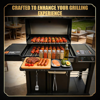 QuliMetal Folding Front Shelf for Traeger Pro 34, Texas Elite 34, Century 885 and Eastwood 34, 37" x 12" Heavy-Duty Grill Prep Table with Cutting Board, Stainless Steel Basin, Lid and 5 Hooks