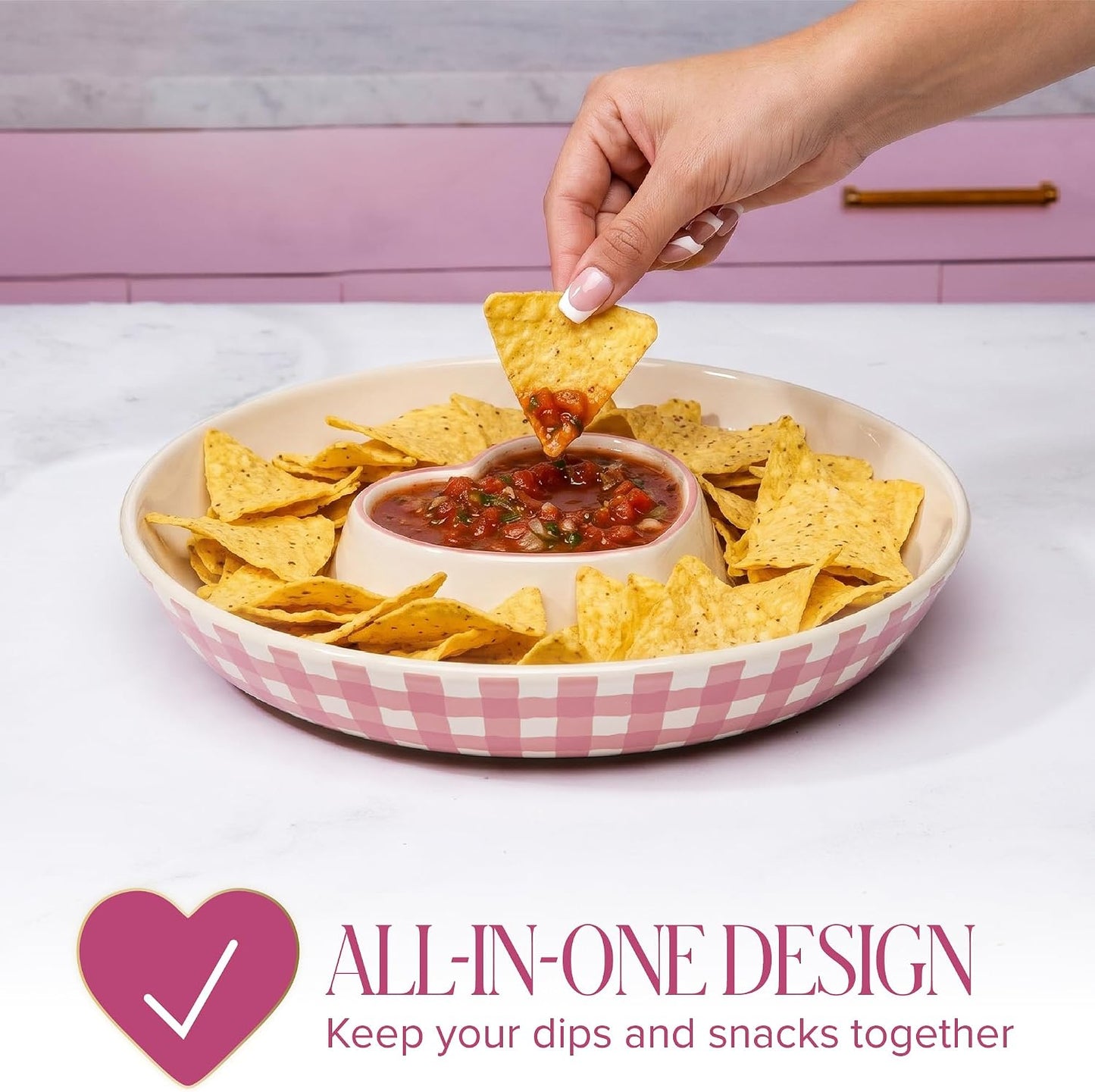 Paris Hilton Chip and Dip Serving Tray, Finely Crafted Stoneware with Heart-Shaped Dipper, Embossed Hearts, Microwave and Dishwasher Safe Stoneware, 12-Inch, Pink