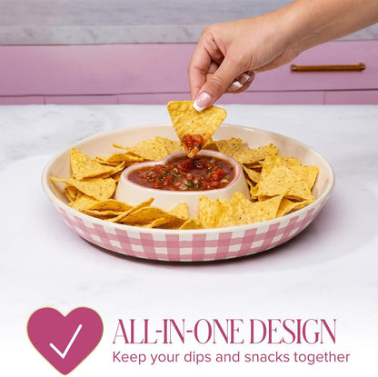 Paris Hilton Chip and Dip Serving Tray, Finely Crafted Stoneware with Heart-Shaped Dipper, Embossed Hearts, Microwave and Dishwasher Safe Stoneware, 12-Inch, Pink