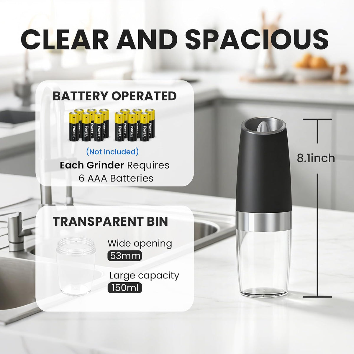 UNNEES Battery Operated Gravity Salt And Pepper Grinder Set, 2 Pcs (Black)