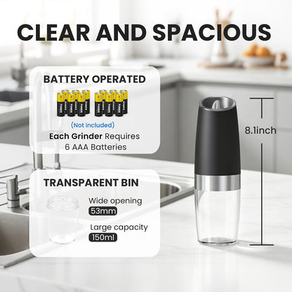 UNNEES Battery Operated Gravity Salt And Pepper Grinder Set, 2 Pcs (Black)