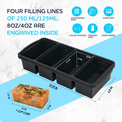ZIP STANDING Silicone Freezer Trays with Lid,1-cup Soup Freezer Container large Ice Cube Molds with Reinforced Steel Ring Top for freezing Soup Sauce Broth Leftovers oven Dishwasher -Safe(2-Pack)