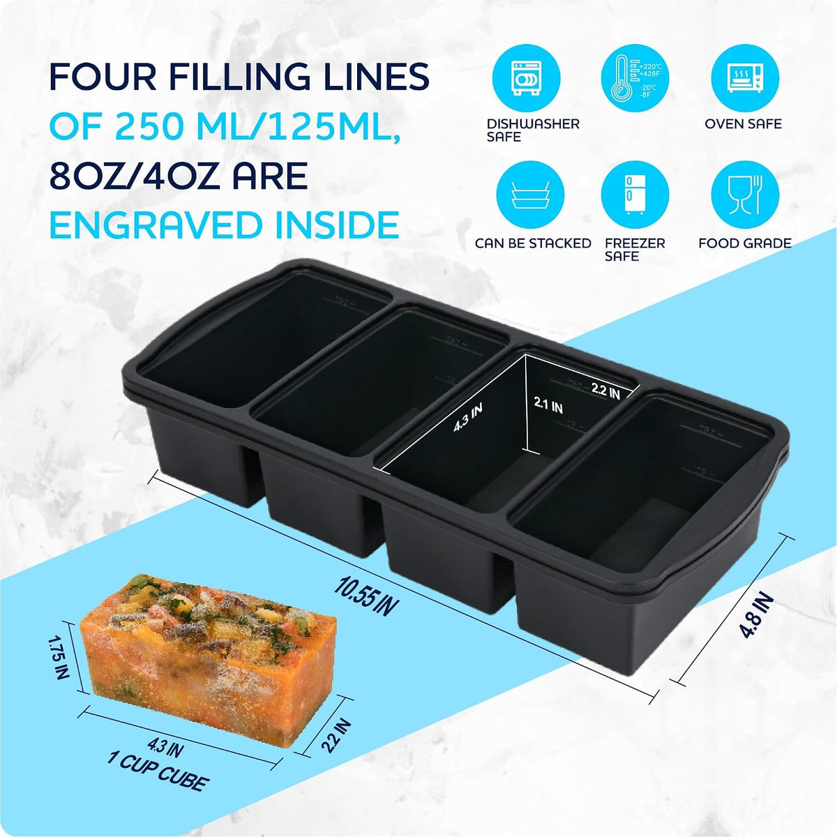 Zip Standing Silicone Freezer Trays with Lid,1-cup Soup Freezer Container large Ice Cube Molds with Reinforced Steel Ring Top for freezing Soup Sauce Broth Leftovers oven Dishwasher -Safe(2-Pack)