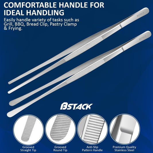 Brand Stack Kitchen Tweezers 12” Japanese Stainless-Steel Cooking Tong Tweezers Set of 2 with Precision Serrated Tip Premium Long Tweezers for Kitchen Serving Food Chef & Pasta Cooking tweezers.