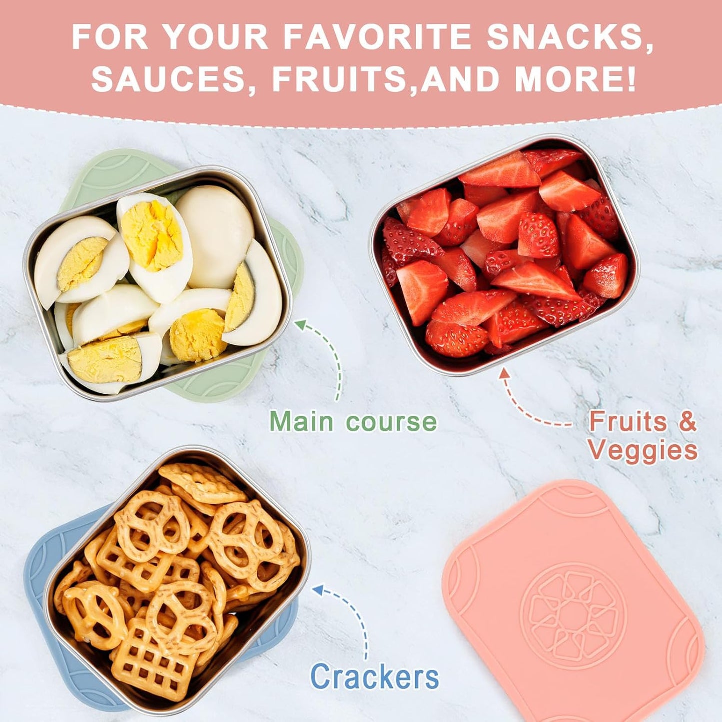 Caperci 25oz Stainless Steel Food Containers, 3-Pack Bento Lunch Box with Silicone Lids, Leak-Proof Reusable Meal Prep Container for Sandwiches & Snacks, BPA-Free (720ML)