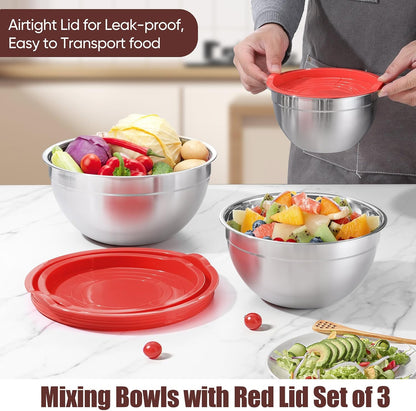 P&P CHEF Black Mixing Bowls with Lids, Set of 3, Stainless Steel Salad Nesting Bowl for Mixing, Storing, Prepping, Airtight & Stackable, Size 4.6/3 /1.5 QT