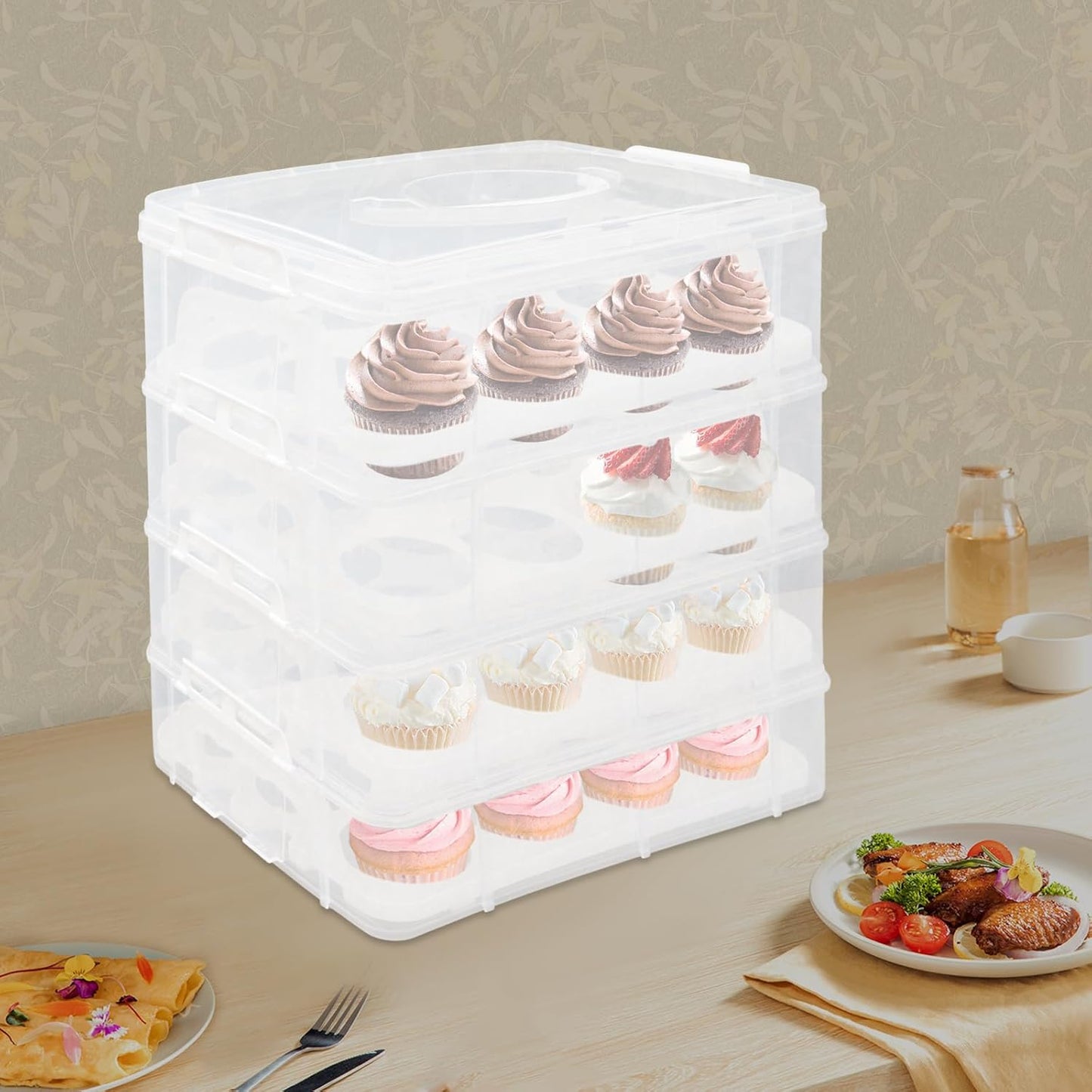 4 Tier 48 Plastic Cupcake Carrier, Detachable Cupcake Carrier Storage Container with Handle, Lid and Clear View Shell Stacking Cupcake Holder for Cake Fruits Salads Cookies Biscuits