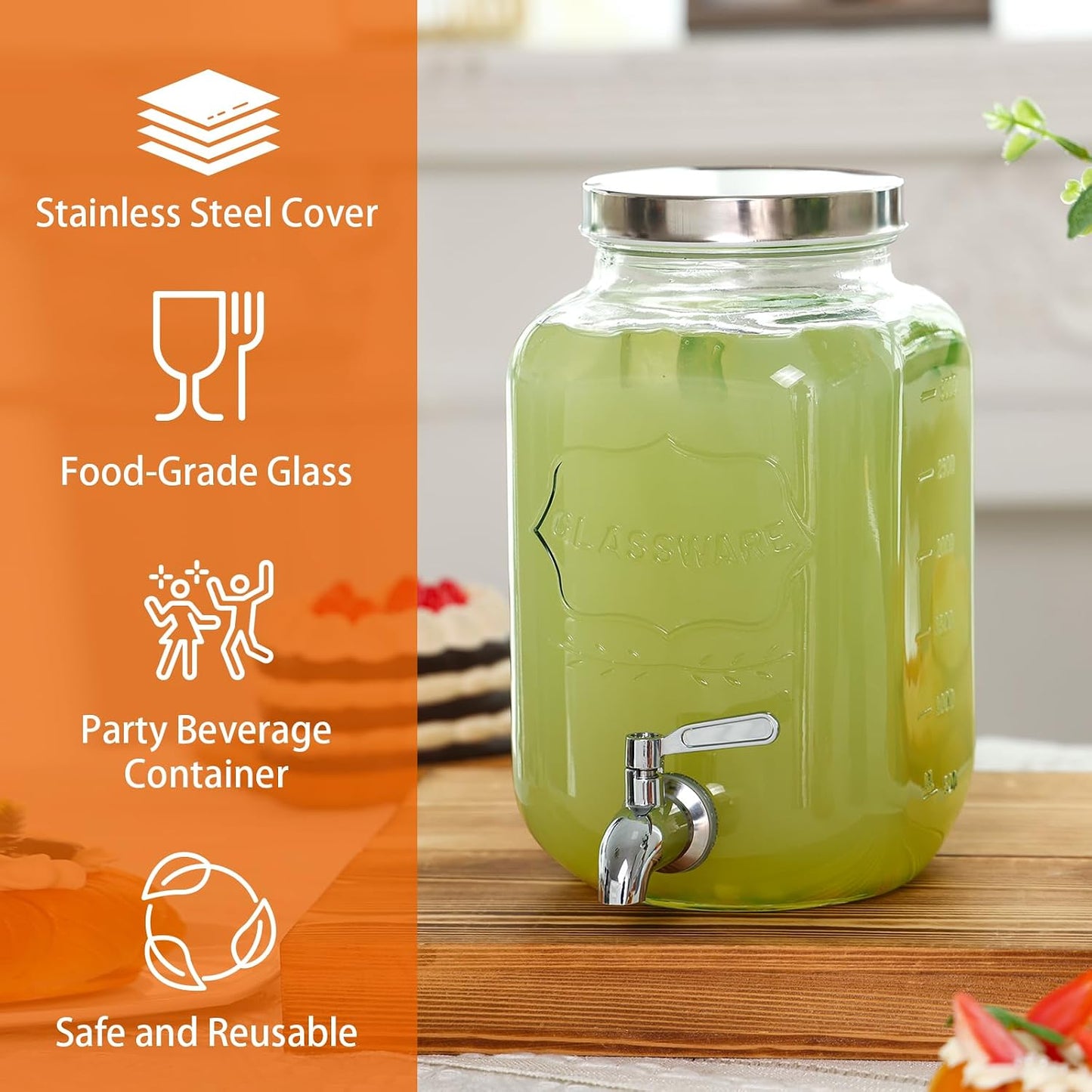 Bululuo Glass Drinks Dispenser for Parties, 2 Gallon Beverage Dispenser with Stand for Juice and Iced Tea, Water Jug Dispenser for Lemonade, Party Essential Beverage Pitcher with Spout