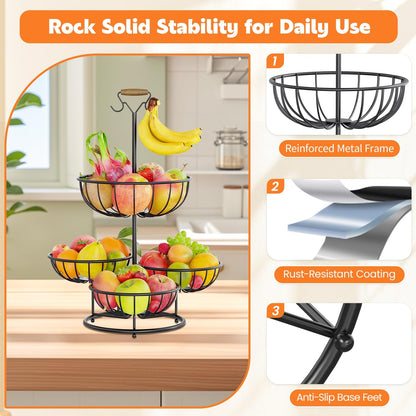 PouHenier.jh 3 Tier Rotating Fruit Basket Bowl, Kitchen Counter Wire Produce Organizer Holder, Stable Vegetable Storage Stand with 2 Banana Hangers, Countertop Tiered Veggie Rack, Easy Setup, Black